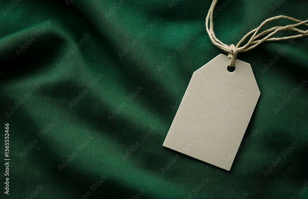Poster a blank tag with string on a dark green fabric background perfect for adding your own text or logo