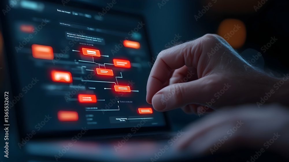 Poster hand interacting with a laptop screen showing red data points at night