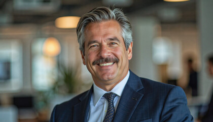 Fototapeta premium A portrait headshot photo of a friendly professional CEO executive business worker: A smiling, mature man with graying hair and a mustache confidently gazes forward while wearing a navy suit and 