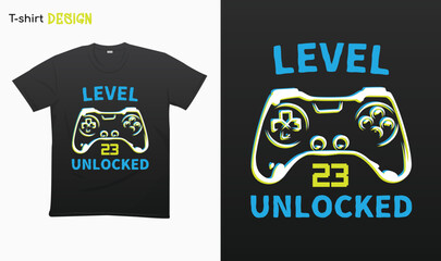 "Level 23 Unlocked" Retro vintage controller design. Funny birthday gaming style T-shirt template design. Eps 10 vector © iCreativePrints