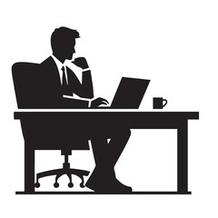 Businessman Working on Laptop at Office Desk: A Silhouette of Success