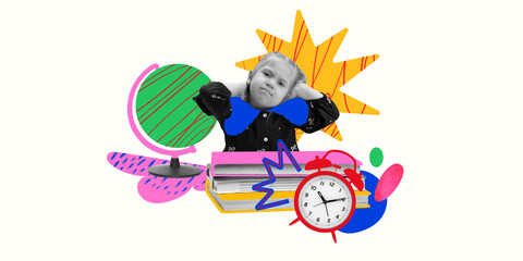 Conceptual artwork. Tired girl resting on books surrounded by clock, globe, alarm, symbolizing school fatigue, time pressure, academic load. Concept of school life, education stress, routine.