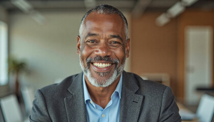 Obraz premium A portrait headshot photo of a friendly professional CEO executive business worker: A smiling, mature African American man in a suit and open-collared shirt warmly gazes at the viewer from an off