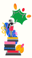 Conceptual art design. Girl standing on stack of books, pointing up with joy, symbolizing ambition, curiosity, growth through learning. Concept of education journey, library, Knowledge Day.