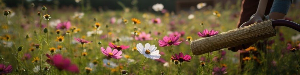 Fototapeta premium Hands watering vibrant wildflowers in a sunny meadow, creating a tranquil and nurturing scene.
