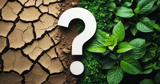 Climate change issue depicted as parched or arid cracked soil affected by drought transforming into fertile moist organic ground with a sprouting young plant.