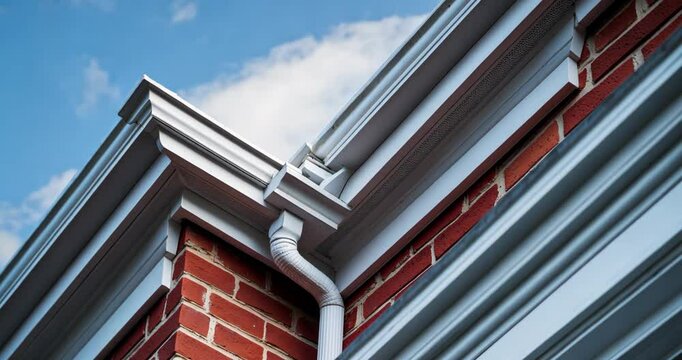 Close-up of a white frame gutter guard system, eaves through, fascia, drip edge, colonial white soffit featuring ventilation, and brick facade siding on a luxury single-family home community.