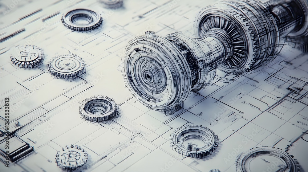 Poster detailed sketch of mechanical gears and components on a blueprint background, showcasing engineering