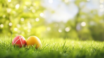 2 colorful Easter eggs on green grass, with a blurred background of trees and sunlight, joyous celebration of spring during the Easter season, copy space for text. 