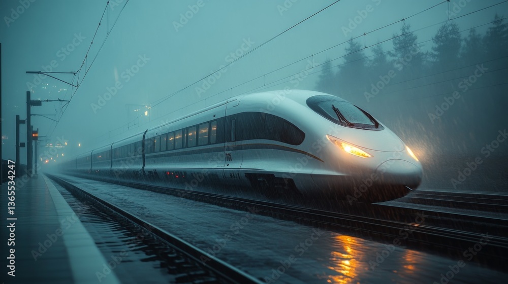 Poster A high speed maglev train moves swiftly along the railway tracks during a heavy downpour, highlighting the integration of automation in modern mobility solutions amidst a misty backdrop.