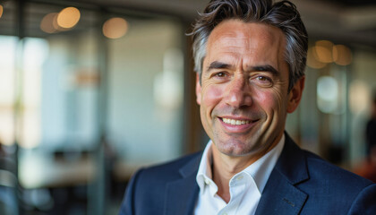 Fototapeta premium A portrait headshot photo of a friendly professional CEO executive business worker: A smiling, middle-aged man in a suit and open-collared shirt confidently poses indoors with a blurred office en