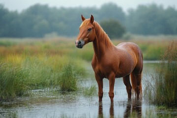 Fototapeta premium Young brown horse standing in green field