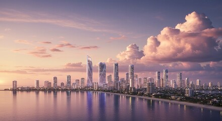 Fototapeta premium Blurred sunset cityscape water
