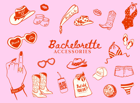 Set of hand drawn Bachelorette accessories doodle icons, Cowgirl Hen Party illustrations,  Bride ring finger, Whimsical Bachelorette vector collection for T-shirts, invitations and web icons