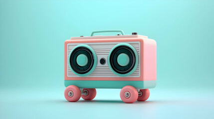Fototapeta premium Pastel Pink and Teal Retro Boombox on Roller Skates