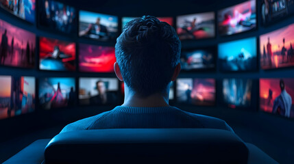 Man Viewing Numerous Illuminated Screens in Dark Room