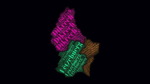 Luxembourg Intro Video. Regions Word Clouds Animation. Luxembourg regions names in French language fading in on black background. Country building of territory names video. Modern animation.
