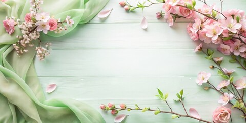 Fresh Spring Wardrobe Collection Banner with soft green and pink hues, delicate blossoms, and flowing fabrics, highlighting trendy woman outfits for the season, copy space