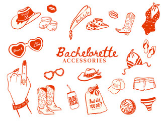 Set of hand drawn Bachelorette accessories doodle icons, Cowgirl Hen Party illustrations, Whimsical Bachelorette vector collection for T-shirts, invitations and web icons