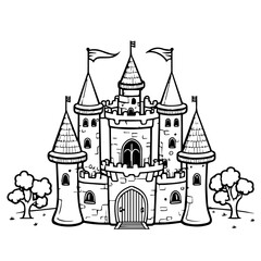 detailed fairytale castle vector with multiple towers and flags, hand drawn in black and white