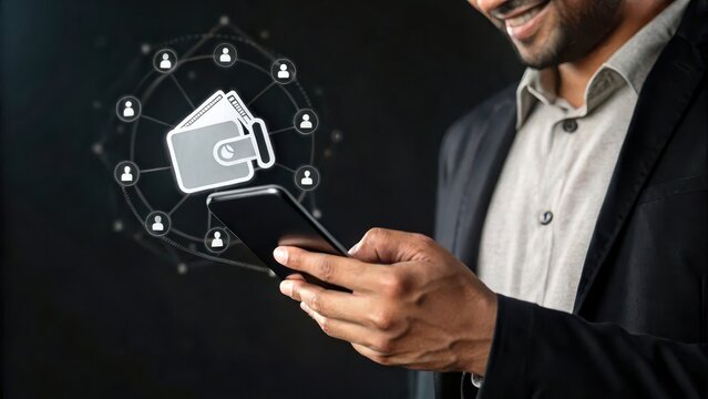 Smiling man in formal attire using a smartphone with digital wallet and network icons representing online financial transactions and connections.