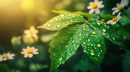 Vibrant green leaf with dewdrops amidst blooming wildflowers, symbolizing nature's resilience and beauty.
