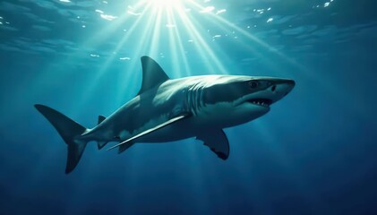 Fototapeta premium Great white shark, sunbeams pierce deep blue water, ocean, animal, aquatic