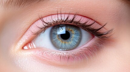 Close-up of a beautiful eye with light blue color, highlighted by soft makeup