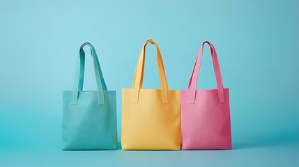 Colorful Tote Bags on Blue Background: Eco-Friendly Shopping