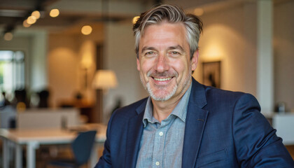 A portrait headshot photo of a friendly professional CEO executive business worker: A smiling, middle-aged man with graying hair and a neatly trimmed beard confidently looks towards the camera wh