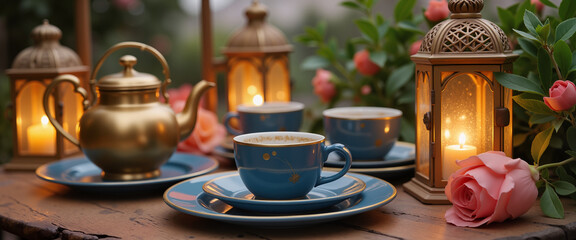 Naklejka premium Elegant Tea Setting With Lanterns in Garden, Cozy Atmosphere