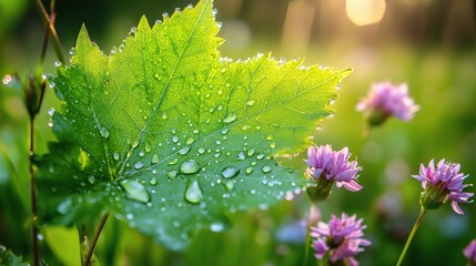 Vibrant green leaf with dewdrops amidst blooming wildflowers, symbolizing nature's resilience and beauty.
