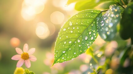 Vibrant green leaf with dewdrops amidst blooming wildflowers, symbolizing nature's resilience and beauty.

