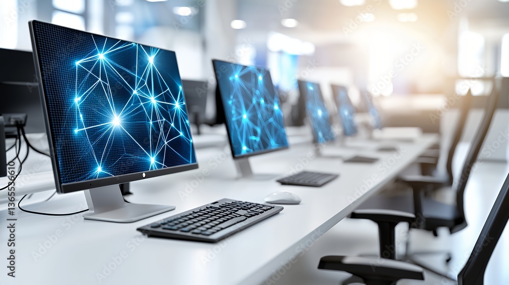 Poster modern office workspace with row of desktops displaying network data