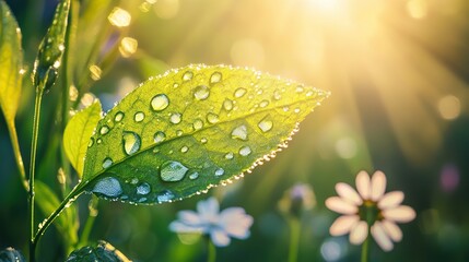 Vibrant green leaf with dewdrops amidst blooming wildflowers, symbolizing nature's resilience and beauty.
