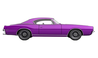 Purple classic car side view, sleek design, vintage style, shiny finish, black wheels, detailed contours, retro aesthetic, isolated on transparent background, png