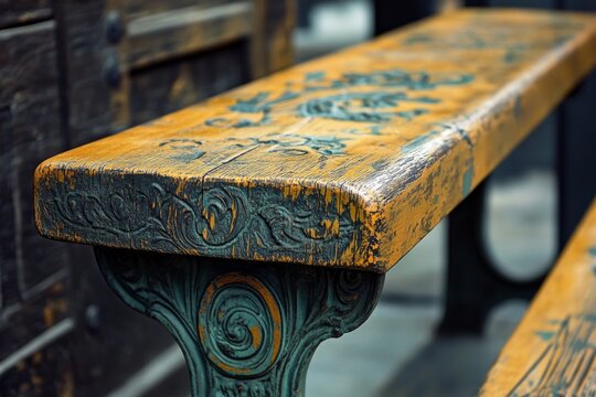 Colorful graffiti painted on vintage wooden bench with weathered texture