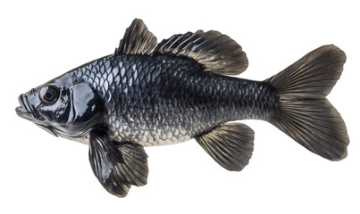 Black fish sculpture, detailed craftsmanship, realistic features, shiny scales, lifelike appearance, decorative art piece, isolated on transparent background, png