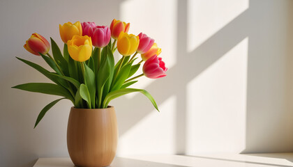 Tulip Bouquet in Wooden Vase, Minimalist Decor, Warm Tones, Spring Ambiance