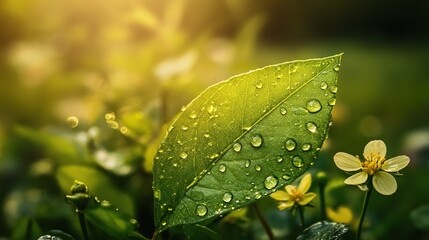 Vibrant green leaf with dewdrops amidst blooming wildflowers, symbolizing nature's resilience and beauty.
