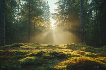 Fototapeta premium Sunlight filtering through forest trees creating golden glow