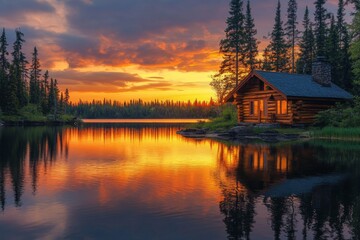 Fototapeta premium Mountain lake with reflection of trees and sunset sky in golden hour
