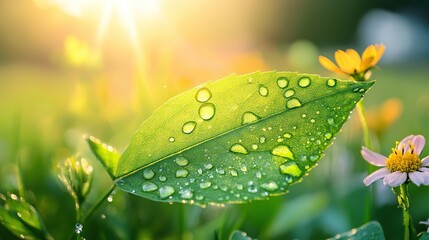 Vibrant green leaf with dewdrops amidst blooming wildflowers, symbolizing nature's resilience and beauty.

