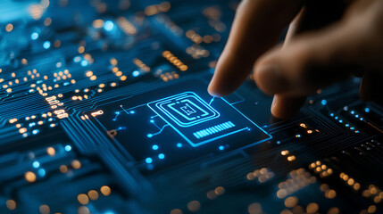 artificial intelligence generate text document and abstract papers. Man touching AI icon on electronic circuit board