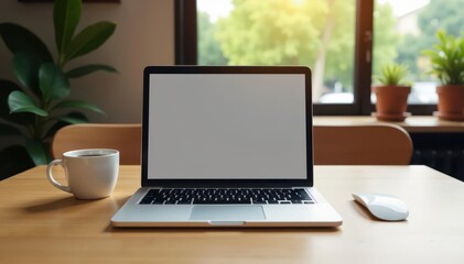 Fototapeta premium Silver laptop, light wood table, minimalist cafe, Scandinavian, keyboard, mouse