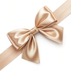 Fototapeta premium Soft beige satin bow with flowing ribbon, tied in symmetrical loop, luxurious sheen, isolated on white background, gift wrapping concept