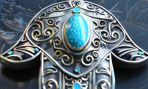 Hamsa Hand Amulet - A hand-shaped pendant with intricate patterns, embedded with a turquoise stone