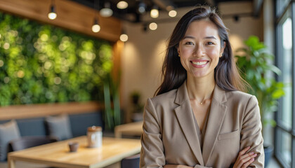 A portrait headshot photo of a friendly professional CEO executive business worker: A smiling East Asian woman in a taupe blazer confidently poses with her arms crossed in a modern cafe setting f