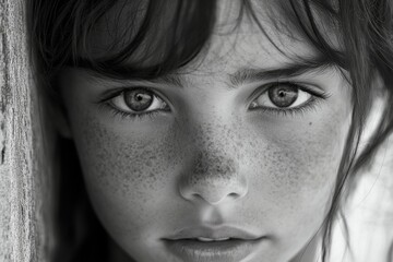 Black and white close-up portrait of a young girl with intense gaze
