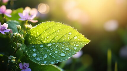 Vibrant green leaf with dewdrops amidst blooming wildflowers, symbolizing nature's resilience and beauty.
